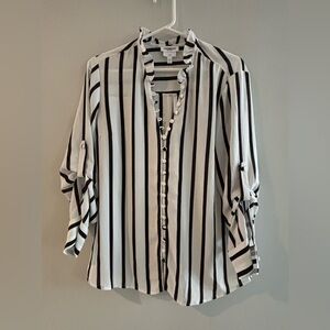 Express Black White Blouse Button Front Vertical Stripes Ruffle Sleeve Sz Large